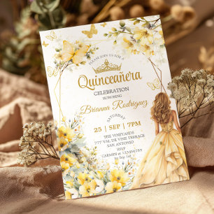 Yellow Golden Tiara Floral Butterfly Quinceañera  Invitation