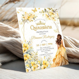 Yellow Golden Tiara Floral Butterfly Quinceañera  Invitation