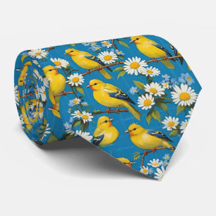 Yellow Goldfinch Birds On Branches & White Daisies Tie