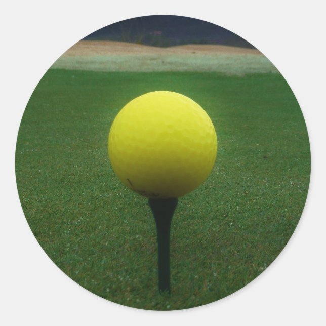 Yellow Golf Ball on a mountain golf course Classic Round Sticker (Front)