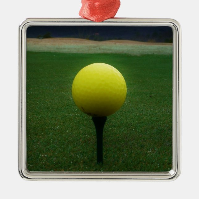 Yellow Golf Ball on a mountain golf course Metal Ornament (Front)