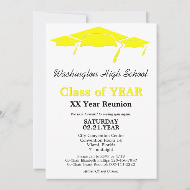 Yellow Graduation Caps Class Reunion Template (Front)
