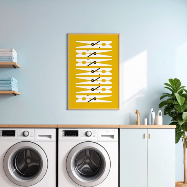 Yellow Graphic Clothes Pins Laundry Room Art Poster (retro mustard yellow and white modern graphic clothes pins art for a fun laundry room)