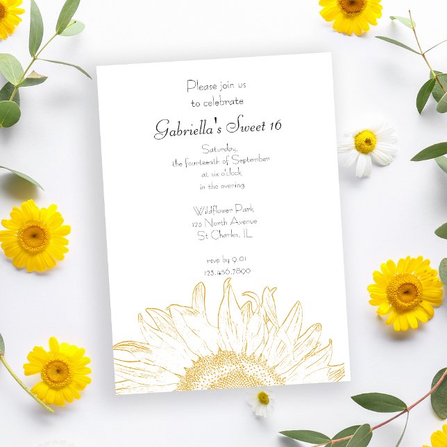 Yellow Graphic Sunflower Sweet 16 Party Invitation (Creator Uploaded)