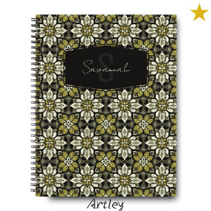 Yellow Gray Floral Spanish Tile Name Monogram Notebook
