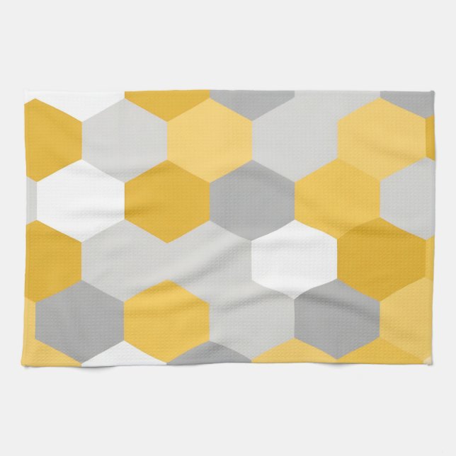 Yellow Gray Hexagon Geometric Pattern Kitchen Towel (Horizontal)