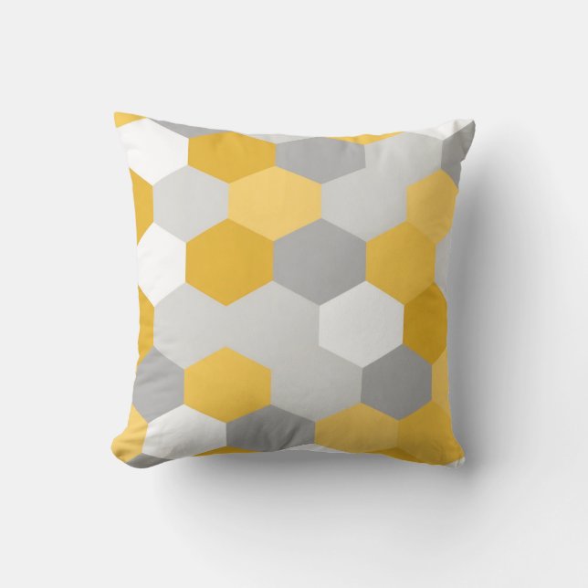 Yellow Gray Hexagon Geometric Pattern Throw Pillow (Front)