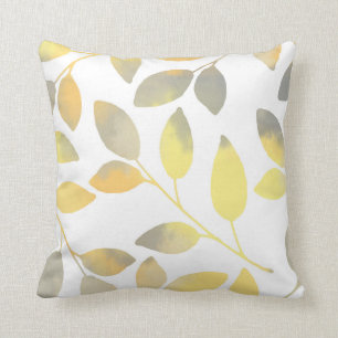 Yellow Gray Watercolor Leaves Throw Pillow