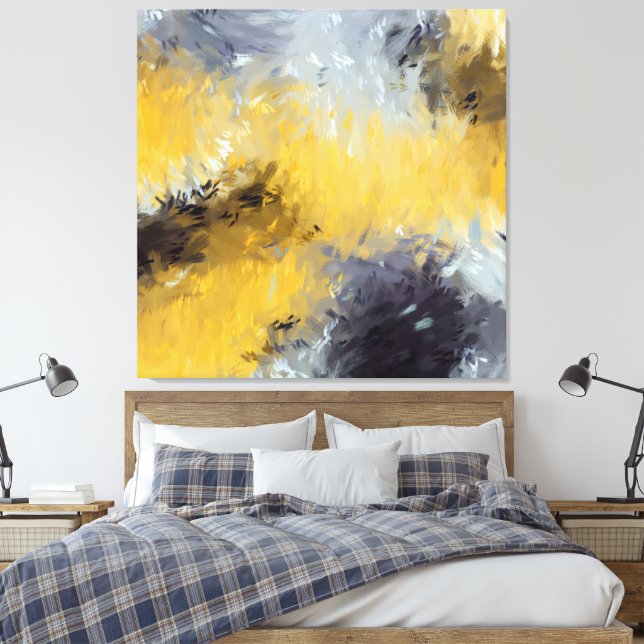 Yellow Gray White Abstract Brushstrokes Canvas Print (Insitu(Bedroom))