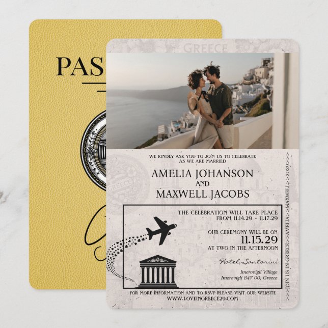 Yellow Greece Passport Wedding Invitation (Front/Back)