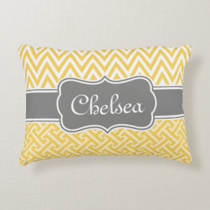 Yellow Greek Key Chevron Patterns Grey Name Accent Pillow