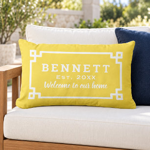 Yellow Greek Key Monogram Welcome Lumbar Pillow