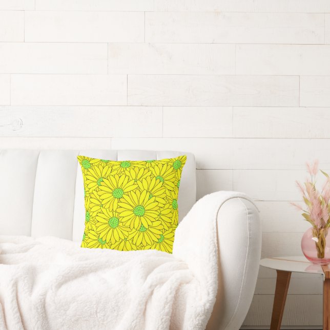 Yellow & Green Abstract Daisy Pattern   Throw Pillow (Couch)