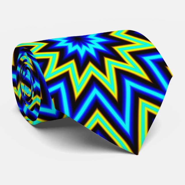 Yellow Green and Blue Psychedelic Star Pattern Tie (Rolled)