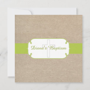 Yellow Green & Beige Burlap Baptism Invitation