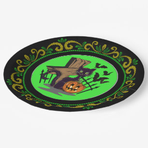 Yellow Green Black Cat Tombstone Bats Halloween Paper Plate