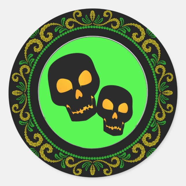 Yellow Green Black Skulls Halloween Classic Round Sticker (Front)