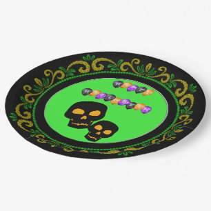Yellow Green Black Skulls Happy Halloween Balloons Paper Plate