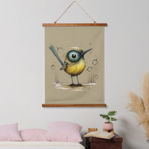 Yellow Green Blue and Black Abstract Mad Bird Hanging Tapestry