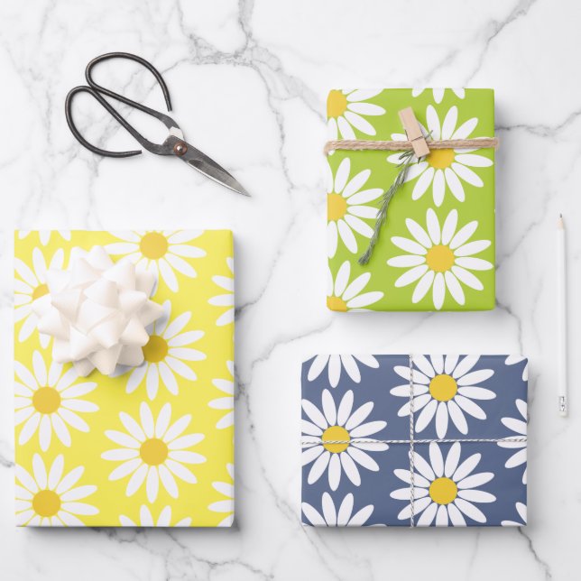 Yellow Green Blue Daisy Wrapping Paper Sheet (Front)