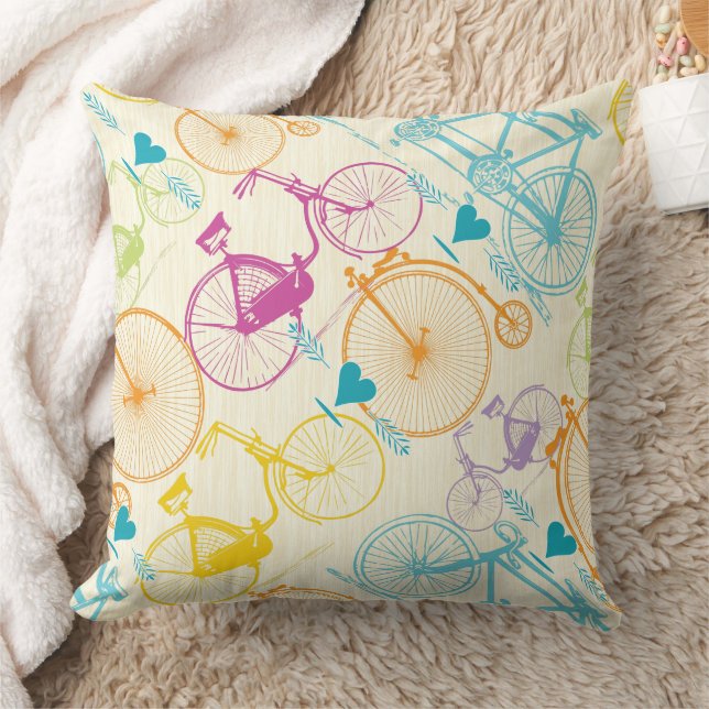Yellow Green Blue Pink Retro Bicycle Pattern Throw Pillow (Blanket)