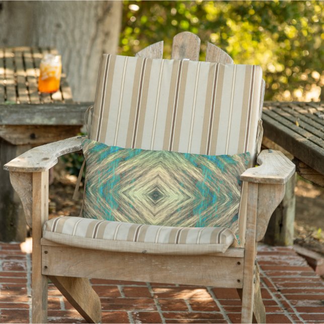 Yellow Green Blue Teal Turquoise Blue Tribal Art Lumbar Pillow (Chair)