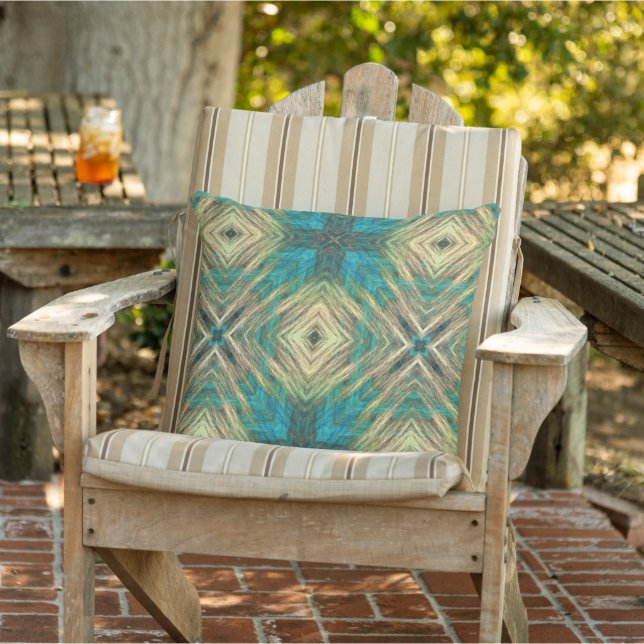 Yellow Green Blue Teal Turquoise Blue Tribal Art Outdoor Pillow (Chair)