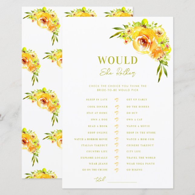 Yellow Green Bridal Shower Would She Rather Game (Front/Back)