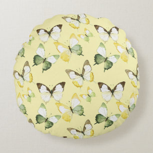 Yellow Green Butterflies Birthday Round Pillow