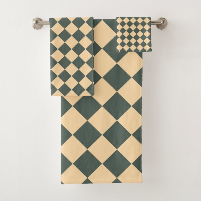 Yellow Green Checker Diamond Pattern Bath Towel Set (Insitu)