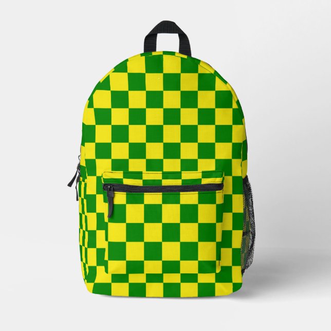 Yellow Green Chequered Check Pattern Printed Backpack (Front)