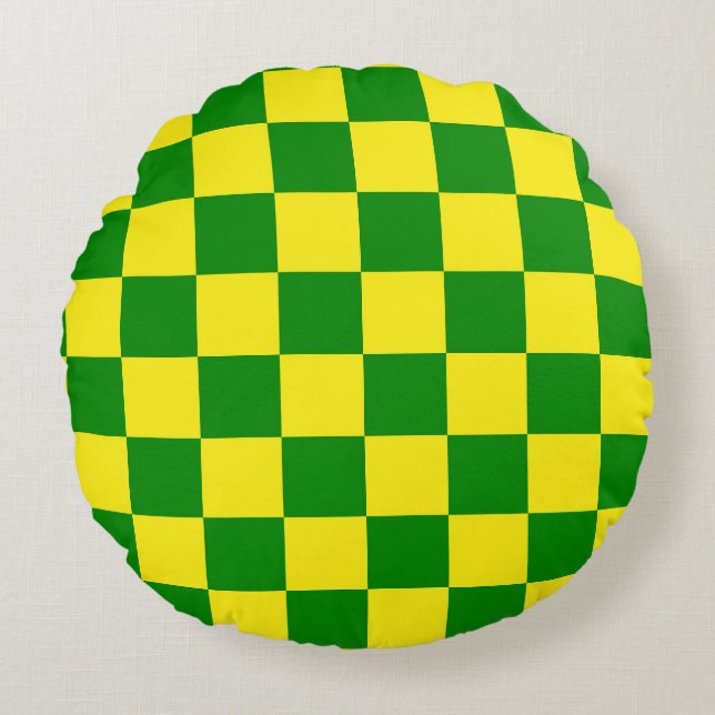 Yellow Green Chequered Check Pattern Round Pillow (Front)