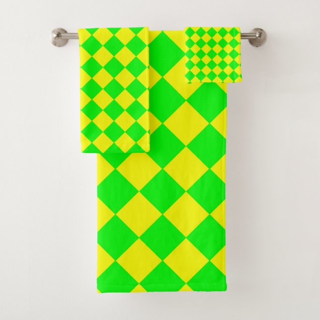Yellow Green Chequered Diamond Pattern  Bath Towel Set (Insitu)