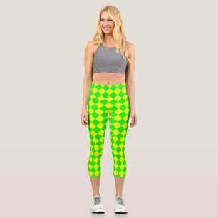 Yellow Green Chequered Diamond Pattern  Capri Leggings