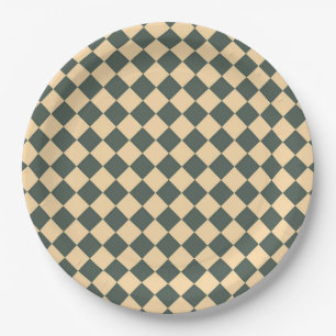 Yellow Green Chequered Diamond Pattern Paper Plate