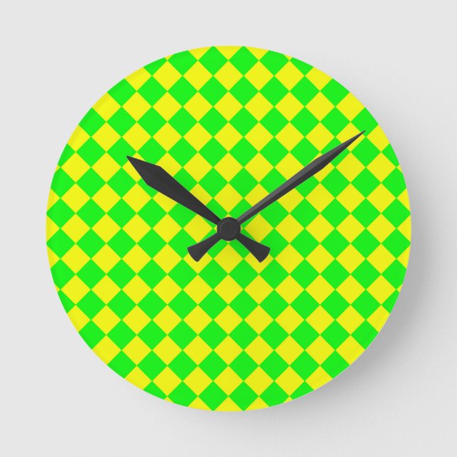 Yellow Green Chequered Diamond Pattern Round Clock (Front)