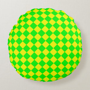 Yellow Green Chequered Diamond Pattern Round Pillow