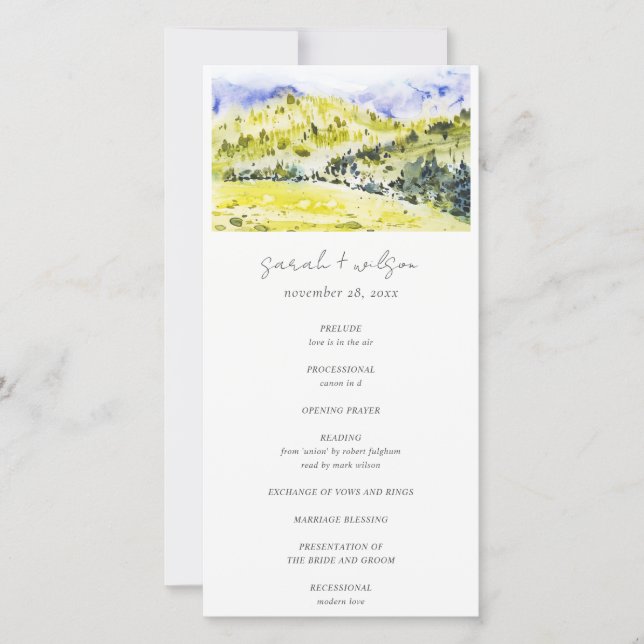Yellow Green Countryside Hills Wedding Program (Front)