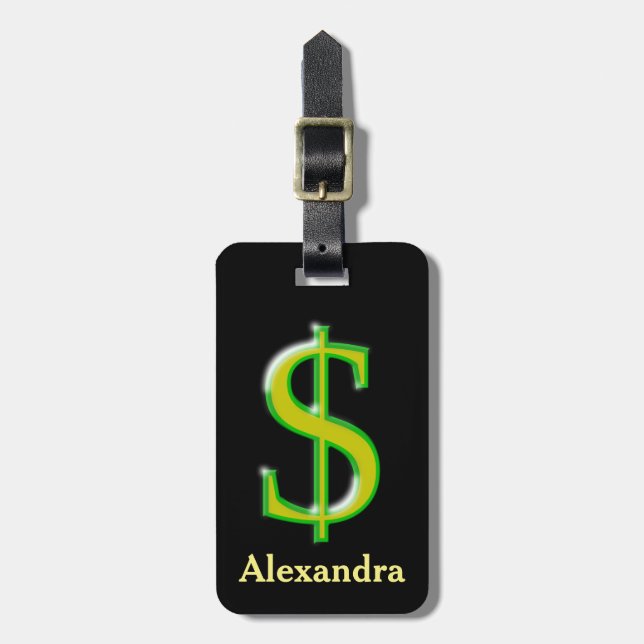 Yellow & Green Dollar Sign ($) Luggage Tag (Front Vertical)