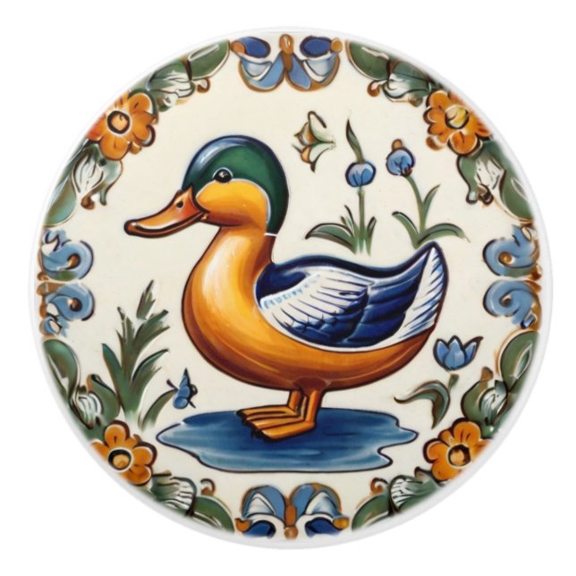 Yellow Green Duck European Folk Animal Art Ceramic Knob (Front)