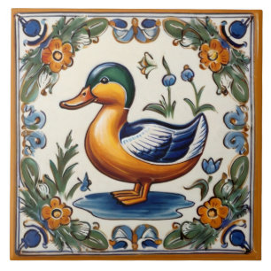 Yellow Green Duck European Folk Animal Art Tile