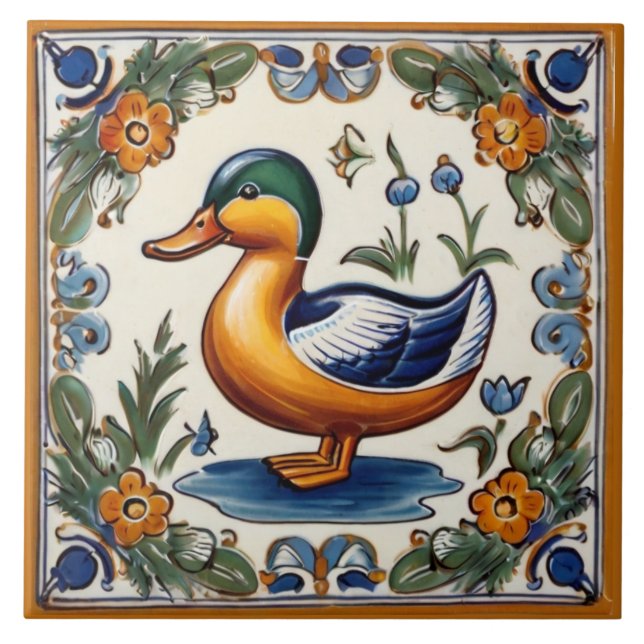 Yellow Green Duck European Folk Animal Art Tile (Front)