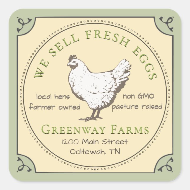 Yellow & Green Egg Carton Label with Vintage Hen (Front)