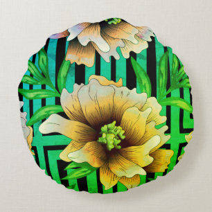 Yellow & Green Floral Print Round Pillow
