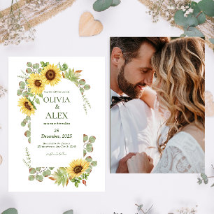 Yellow Green Floral Watercolor Sunflower Wedding Invitation