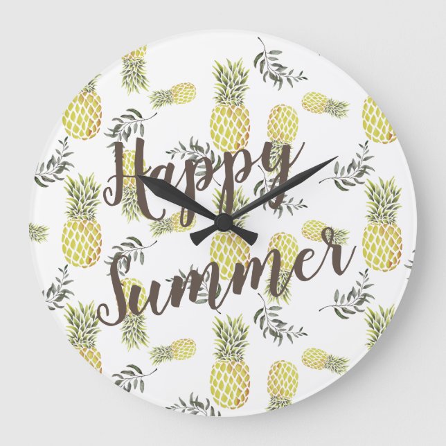 Yellow green & Gold PINEAPPLE HAPPY SUMMER Large Clock (Front)