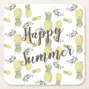Yellow green & Gold PINEAPPLE HAPPY SUMMER Square Paper Coaster