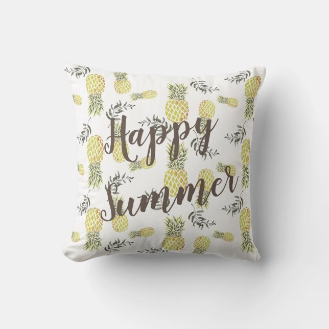Yellow green & Gold PINEAPPLE HAPPY SUMMER Throw Pillow (Front)
