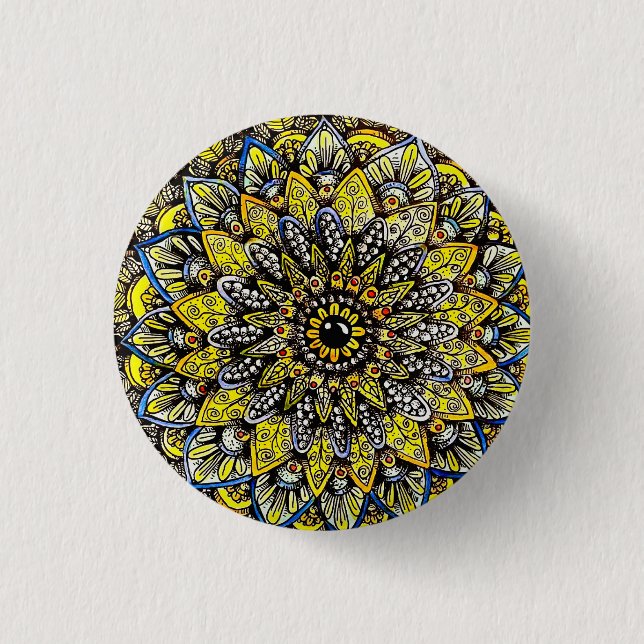 Yellow Green Hand Drawn Mandala Design 1 Inch Round Button (Front)