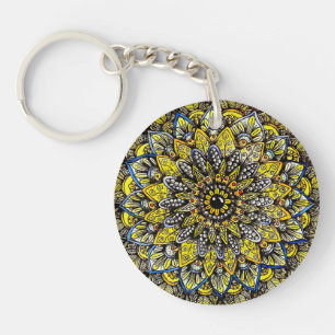Yellow Green Hand Drawn Mandala Design Keychain